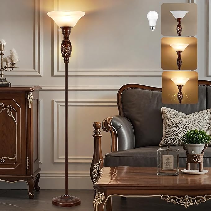 70" Torchiere Floor Lamp with NightLight - Victorian Style Standing Lamp for Living Room, Bedroom, Office - Retro Floor Lamps with Rotary Switch & Etched Glass Shade, Home Decor, Bulb Included