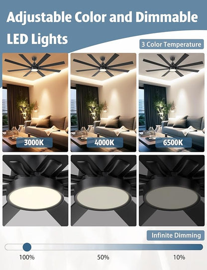 72 Inch Large Ceiling Fans with Lights and Remote - Matte Black Ceiling Fan with light, Quiet DC Motor, 3 CCT, Dimmable Modern Indoor Outdoor Ceiling Fans for Patios Living Room (Upgraded)