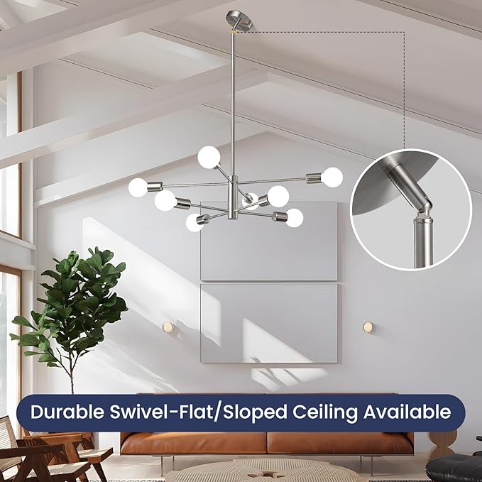 RUIYEY Modern Sputnik Chandeliers Light, 8 Lights Brushed Nickel Dining Room Chandelier Over Table, E26 Mid Century Ceiling Light Fixtures Height Adjustable Hanging Pendant Lighting for Entryway Foyer