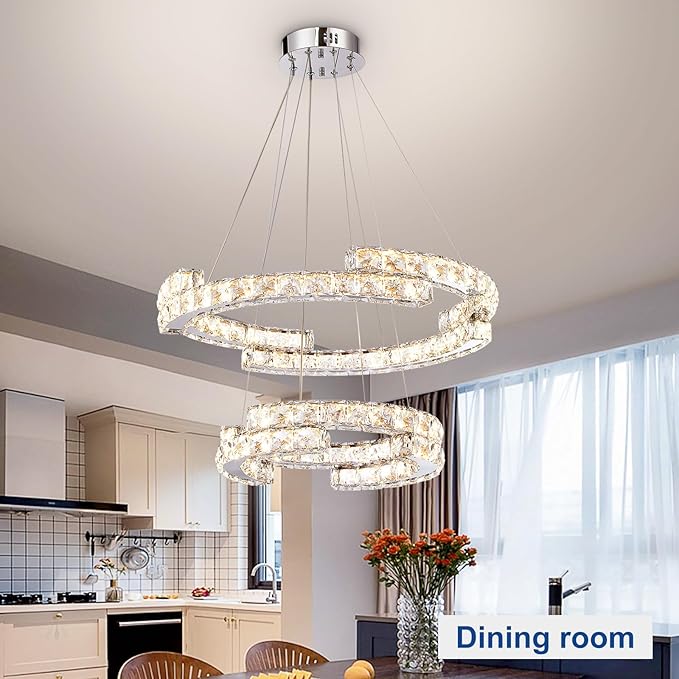 Depuley Modern LED Crystal Chandeliers: 23.6" Curved Ring Chandelier Hanging Crystal Ceiling Light Fixture - 65W Adjustable Height Pendant Light for Living Room Dining Room Bedroom Foyer