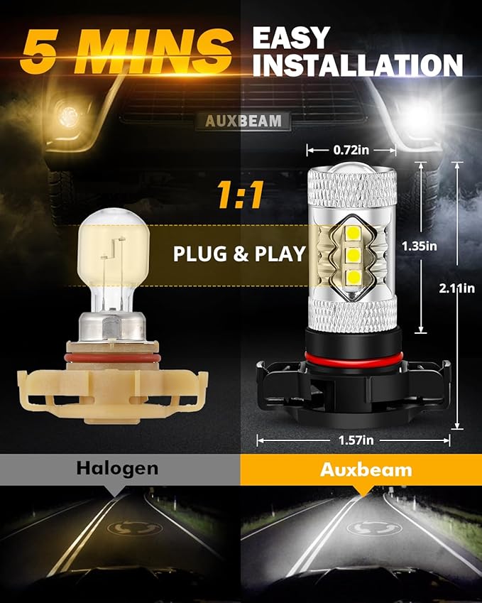 Auxbeam 5201/5202/9009 LED Fog Light Bulbs, 6500K Xenon White, 8000LM Super Bright, 360-degree Illumination, Canbus Ready, Fog Car Lights Replacement, Pack of 2