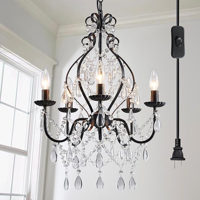 Saint Mossi 5-Lights Crystal Chandelier with Plug, Farmhouse Pendant Light Fixtures, H24 x D17,Chain Adjustable Max 59", Black Finish