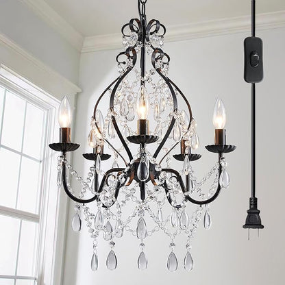 Saint Mossi 5-Lights Crystal Chandelier with Plug, Farmhouse Pendant Light Fixtures, H24 x D17,Chain Adjustable Max 59", Black Finish