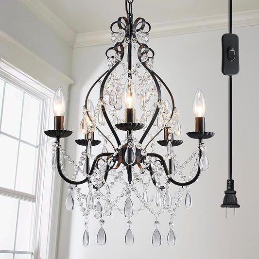 Saint Mossi 5-Lights Crystal Chandelier with Plug, Farmhouse Pendant Light Fixtures, H24 x D17,Chain Adjustable Max 59", Black Finish
