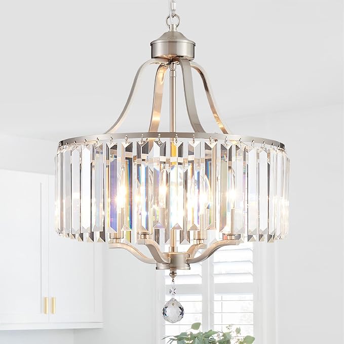Modern Crystal Chandeliers Round 4-Light Large Brushed Nickel Pendant Lighting Fixture for Dining Room Living Room Kitchen Island Bedroom Hallway Hall Foyer, 15.7"
