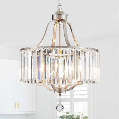 Modern Crystal Chandeliers Round 4-Light Large Brushed Nickel Pendant Lighting Fixture for Dining Room Living Room Kitchen Island Bedroom Hallway Hall Foyer, 15.7"