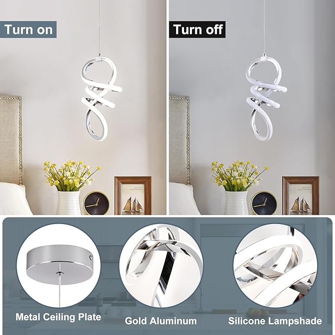 EIDISUNY Modern Led Pendant Light Fixture, 15W Chrome Spiral Pendant Light Kitchen Island, 4500K Daylight White Pendant Lamp, Adjustable Height Chandelier for Kitchen Dining Room Bedroom (3 Packs)