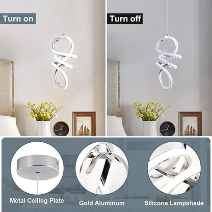 EIDISUNY Modern Led Pendant Light Fixture, 15W Chrome Spiral Pendant Light Kitchen Island, 4500K Daylight White Pendant Lamp, Adjustable Height Chandelier for Kitchen Dining Room Bedroom (3 Packs)