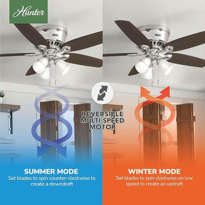 Hunter 52 inch Indoor Ceiling Fan with LED Lights - Ceiling Fan with Pull Chain, For Bedroom, Living Room, or Kitchen, Low Profile Flush Mount, No Remote, 5 Blades - Builder 53328, Brushed Nickel