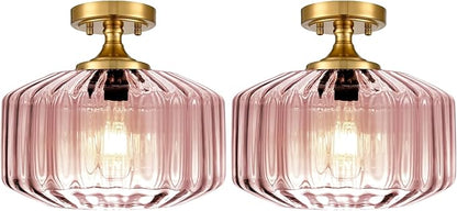 Flush Mount Ceiling Light Gold Light Fixture Set of 2 Striped Glass Shade Pink Chandelier Farmhouse Semi Flush Mount Light for Pantry Bar Cafe Hallway Entryway