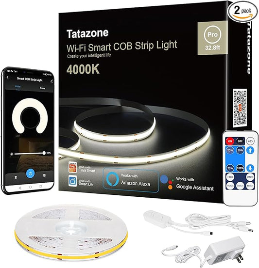 Tatazone Smart White COB Led Strip Light with App and Remote, 32.8ft 4000K Bright WiFi COB Light Strip Compatible with Alexa and Google, Dimmable Indoor Led Lights for Room, Cabinet