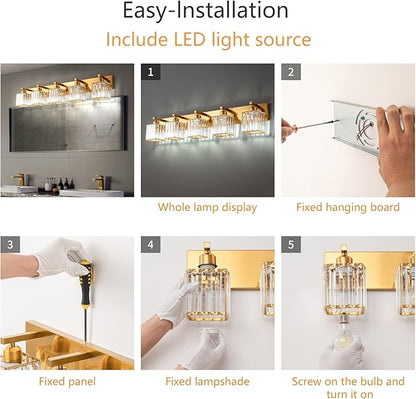 Modern 5-Light Gold Brushed Brass Finish Crystal Wall Light for Bathroom Vanity