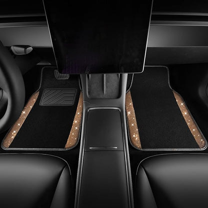 CAR PASS Bling Diamond Car Floor Mats, Shining Rhinestone Carpet Sparkly Glitter Crystal with Anti-Slip PVC Heel Pad Waterproof Universal Fit Automotive SUV,Sedan,Van,Cute Girl Women,4pcs Golden