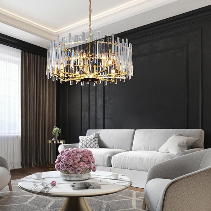 Gold Crystal Chandeliers for Dining Room, 27.6" Modern Round Chandelier Large Adjustable Height Ceiling Hanging Pendant Light Fixture for Dining Living Room Bedroom