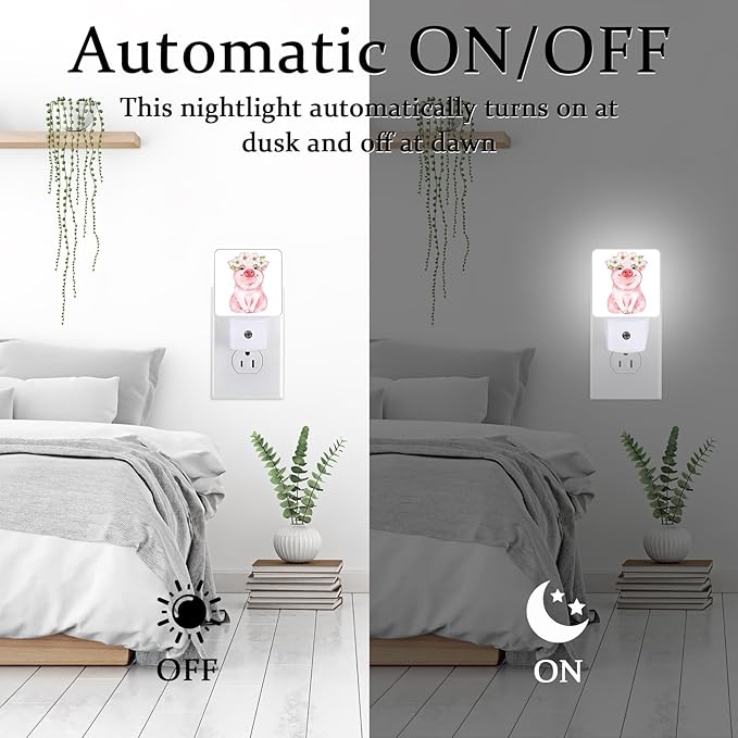 Watercolor Flower Pig Night Light, Plug-into Wall Cute Animals Nightlight Lamp with Dusk to Dawn Sensor, Led Lamp 0.5W Energy Efficient for Boys Girls Adults Home Decor