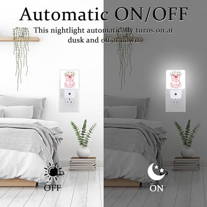 Watercolor Flower Pig Night Light, Plug-into Wall Cute Animals Nightlight Lamp with Dusk to Dawn Sensor, Led Lamp 0.5W Energy Efficient for Boys Girls Adults Home Decor