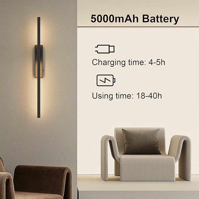 Battery Operated Wall Sconces, 1 Pack USB Rechargeable Wall Lights, Dimmable Wireless Linear Wall Lamp Indoor for Living Room, Bedroom, Hallway, Black