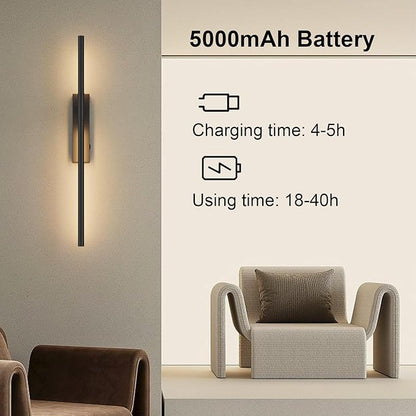 Battery Operated Wall Sconces, 1 Pack USB Rechargeable Wall Lights, Dimmable Wireless Linear Wall Lamp Indoor for Living Room, Bedroom, Hallway, Black
