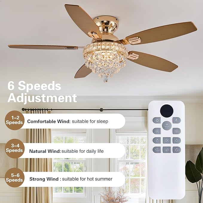 Crystal Ceiling Fan Fandelier with Lights-Ceiling Fans with Lights,54" Low Profile and Remote Control, Flush Mount, Reversible, Dimmable, Noiseless,Gold Ceiling Fan for Bedroom