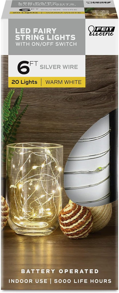 Feit Electric 6ft Indoor LED Fairy String Lights with On/Off Switch, Silver Wire Light Strand, 5K Life Hours, 1.8W Warm White and AA Battery Powered - FY6-20/SLV