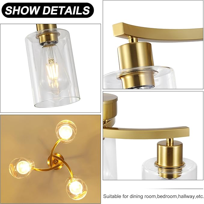 CNRATYE 3-Light Gold Dining Room Chandeliers Over Table, Contemporary Kitchen Island Pendant Lighting, Industrial Hanging Light Fixture for Entryway Hallway Foyer Bedroom, Clear Glass Shade
