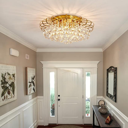 CVKASH 4-Lights Crystal Chandelier Modern Semi Flush Mount Ceiling Light Fixture Ceiling Lighting for Living Room Hallway Dining Room Kitchen Bedroom (Gold)