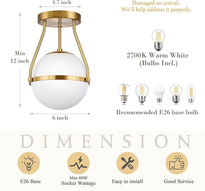 Bagood Globe Semi Flush Mount Ceiling Light Mid Century Modern Globe Ceiling Light Fixture with Milk Glass Shade Brass Finish for Living Room Hallway Kitchen Island Dining Room Laundry (Bulb Incl.)…