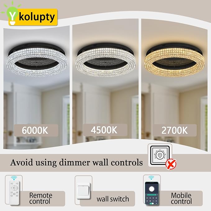 ykolupty 32'' Modern Chandeliers for Living Room Crystal Chandelier Flush Mount Ceiling Light Fixture for Dining Room Living Room Bedroom Dimmable 2700-6000K (Black Chandelier)
