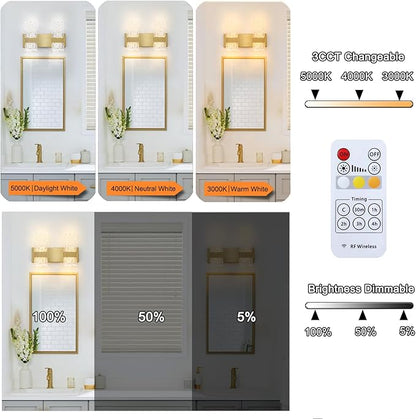 Modern Polished Gold 2 Lights Bathroom Vanity Light, Eleglant LED Bathroom Light Fixtures Over Mirror, Dimmable Acrylic Shade Wall Lighting Fixtures, Hardwired Wall Light(H9.25in, L13.78in)