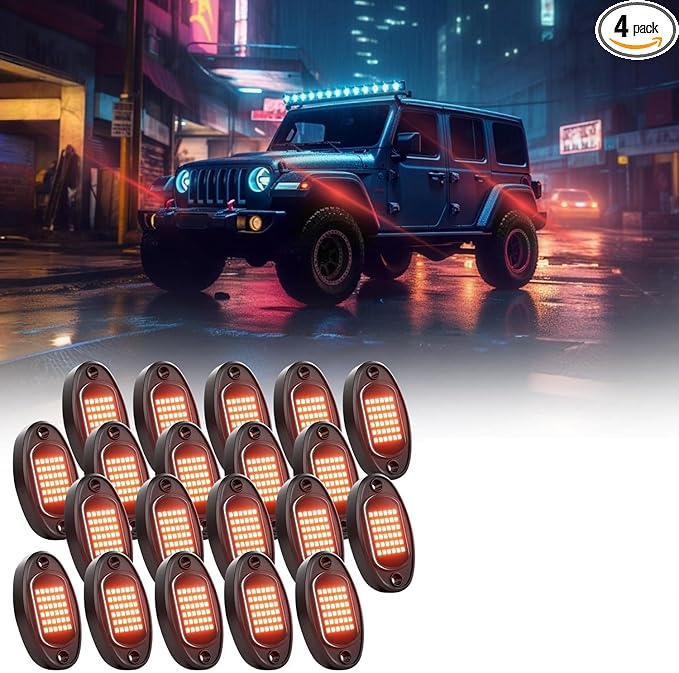 Rock Lights Ultra Bright LED Neon Underglow Lights Waterproof for Trucks Pickup SUV UTV ATV RZR Car Boats Motorcycle (Red, 20 Pods+ 33ft Wire Harness)