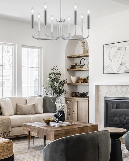 Yunnix 8 Light Brushed Nickel Chandelier - Modern Farmhouse Chandelier for Dining Room Light Fixture - 28" Silver Chandelier for Kitchen Island Lighting, Foyer and Living Room