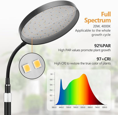 Grow Light for Indoor Plants, 20W Full Spectrum Plant Lamp with Height Adjustable Stand, 3/9/12H Auto Timer, 10 Dimmable Levels, 96 LEDs Sunlike Floor Lamp for Small to Tall Houseplants