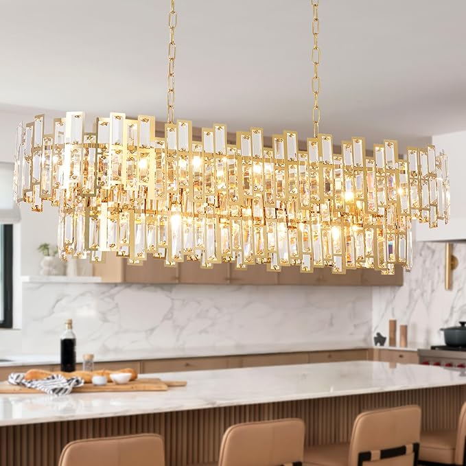 Rectangle Gold Crystal Chandeliers for Dining Room 2-Tier 15 Lights Modern Chandelier Luxury Rectangular Oval Preinstalled Top K9 Crystal Contemporary Pendant Lighting Fixture 43.3"