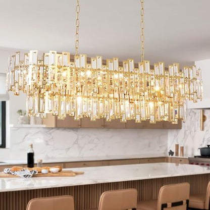 Rectangle Gold Crystal Chandeliers for Dining Room 2-Tier 15 Lights Modern Chandelier Luxury Rectangular Oval Preinstalled Top K9 Crystal Contemporary Pendant Lighting Fixture 43.3"