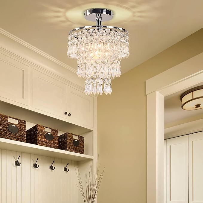FRIXCHUR Small Crystal Chandelier Led Crystal Ceiling Lights 3 Tiers Crystal Raindrops Chandelier Pendant Lighting Fixture Decoration for Bedroom Hallway Living Room,Chrome, E26
