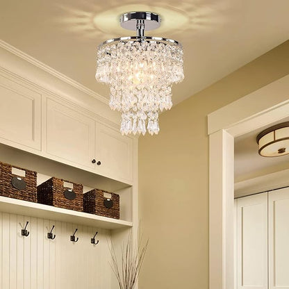 FRIXCHUR Small Crystal Chandelier Led Crystal Ceiling Lights 3 Tiers Crystal Raindrops Chandelier Pendant Lighting Fixture Decoration for Bedroom Hallway Living Room,Chrome, E26