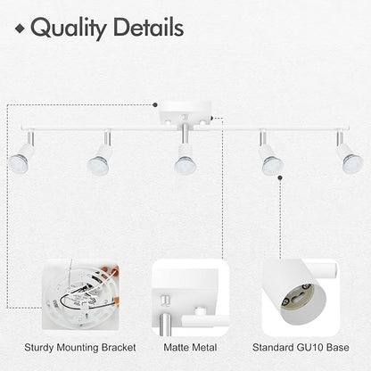 BoostArea 5 Light Track Lighting Fixtures Ceiling, Matte White Kichen Track Lighting, Rotatable Light Heads, Adjustable Modern Directional Ceiling Light for Kitchen,No Bulbs