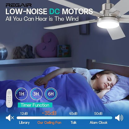 Ceiling Fan with Light 52-Inch, Remote Control Reversible DC Motors, 3CCT Dimmable Timer Noiseless, Nickel Ceiling Fan for Bedroom Living Room, Indoor&Outdoor ETL Listed