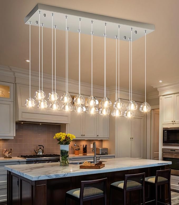 HAIXIANG W35 x D11.8 x H118 Rectangular Chandelier Bubble Crystal Balls Glam Chandeliers Dimmable Light High Ceiling Pendants Light Fixtures Adjustable Long Lights Brushed Nickel