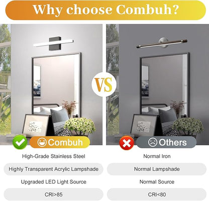 Combuh 2 PackLED Bathroom Vanity Light Bar 16 Inch 9W Black IP44 Over Mirror Lighting Fixture Wall Sconces Indoor Modern Cool White 6000K