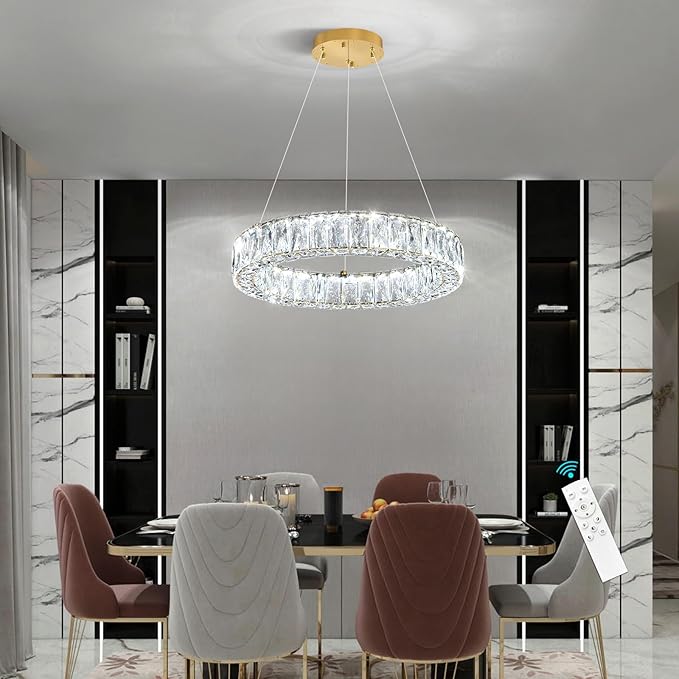 HAIXIANG Modern Crystal Chandelier Dimmable LED 16 Inch Ring Pendant Lights Adjustable Glam Chandeliers Lighting Fixtures for Dining Room Living Room Bedroom Gold Light