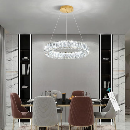 HAIXIANG Modern Crystal Chandelier Dimmable LED 16 Inch Ring Pendant Lights Adjustable Glam Chandeliers Lighting Fixtures for Dining Room Living Room Bedroom Gold Light