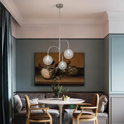 3-Light Brushed Nickel Sputnik Chandelier Modern Globe Pendant Light Fixture Bubble Glass Chandelier Lighting Contemporary Dining Room Chandelier Ceiling Light