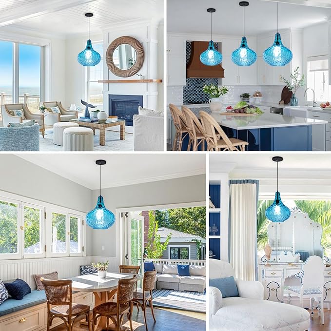 Lighting Modern Globe Pendant Light Fixtures Blue Glass Pendant Lights Vintage 1-Light Single Kitchen Island Hanging Light Mouth-Blown Glass Lampshade Mid Century Black Hanging Lights