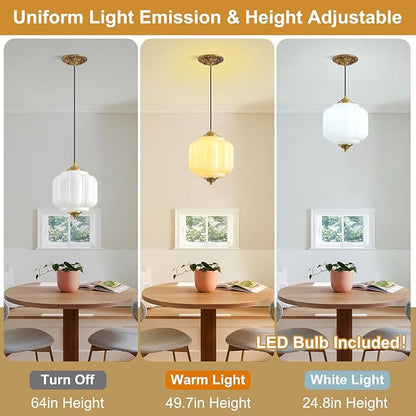 Milk Glass Pendant Light, 9in Medium Schoolhouse Light Fixture, LED Bulb Included, Vintage Art Deco Chandelier for Kitchen Island Dining Room Bedroom Hallway, White & Antique Gold 1 Pack