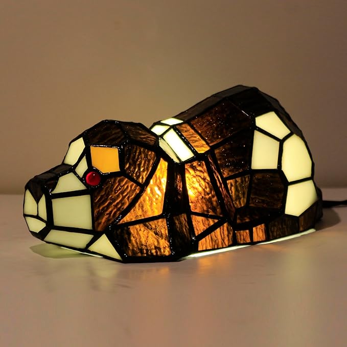 Small Tiffany Lamp Stained Glass Animal Table Lamp Mini Accent Desk Light (Brown White Dog)
