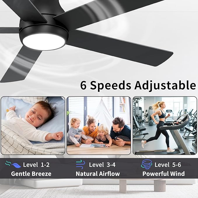 POCHFAN 60 Inch Black Ceiling Fans with Lights and Remote, LED Low Profile Flush Mount Ceiling Fan for Bedroom, Living Room, Quiet DC Motor, Dimmable 6 Speeds