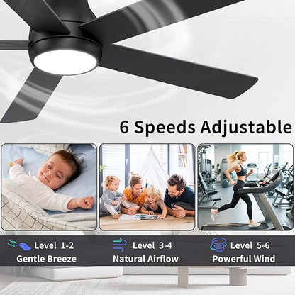 POCHFAN 60 Inch Black Ceiling Fans with Lights and Remote, LED Low Profile Flush Mount Ceiling Fan for Bedroom, Living Room, Quiet DC Motor, Dimmable 6 Speeds