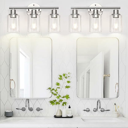 Zarbitta 3-Light Bathroom Light Fixtures, Brushed Nickel Vanity Light, Farmhouse Wall Lights with Clear Glass Shade, Bathroom Wall Lamp for Mirror Kitchen Bedroom Hallway Living Room Hallway Cabinet
