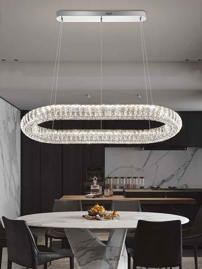 Crystal Ring Chandelier, 40'' Chrome Crystal Ring Pendant Light for Kitchen Island Modern Linear Oval Chandeliers for Dining Room Dimmable 3000K-6000K